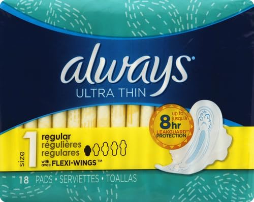 Always Ultra Thin Regular Pads with Wings, Comfortable Absorbency for All-Day Wear, Women, Everyday Use, 18 Count, Unsce