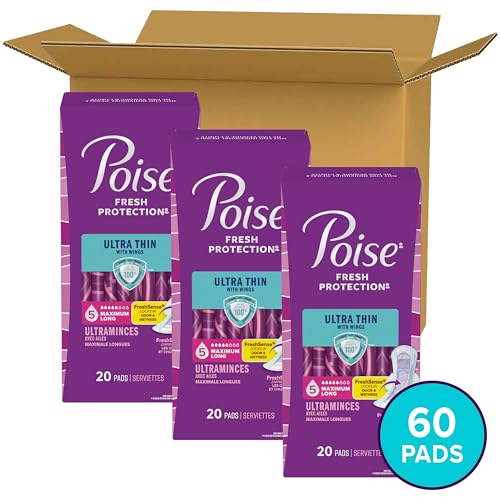 Poise Ultra Thin Incontinence Pads for Women with Wings, 5 Drop Max Absorbency, Postpartum Recovery, 60 Count