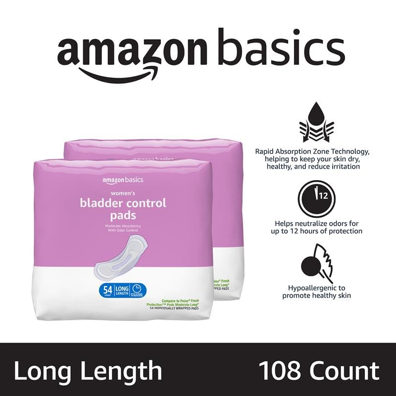 Amazon Basics Incontinence Pads for WomenModerate AbsorbencyPostpartum CareUnscented108 Count (2 Packs of 54)
Amazon Bas