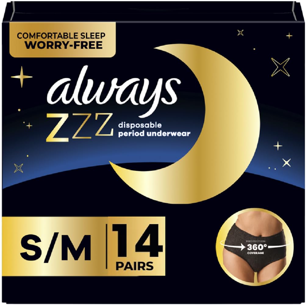 Always ZZZs Overnight Disposable Period Underwear for Women, Leakproof Black Period Panties Size S/M Pack of 2 (14 Count