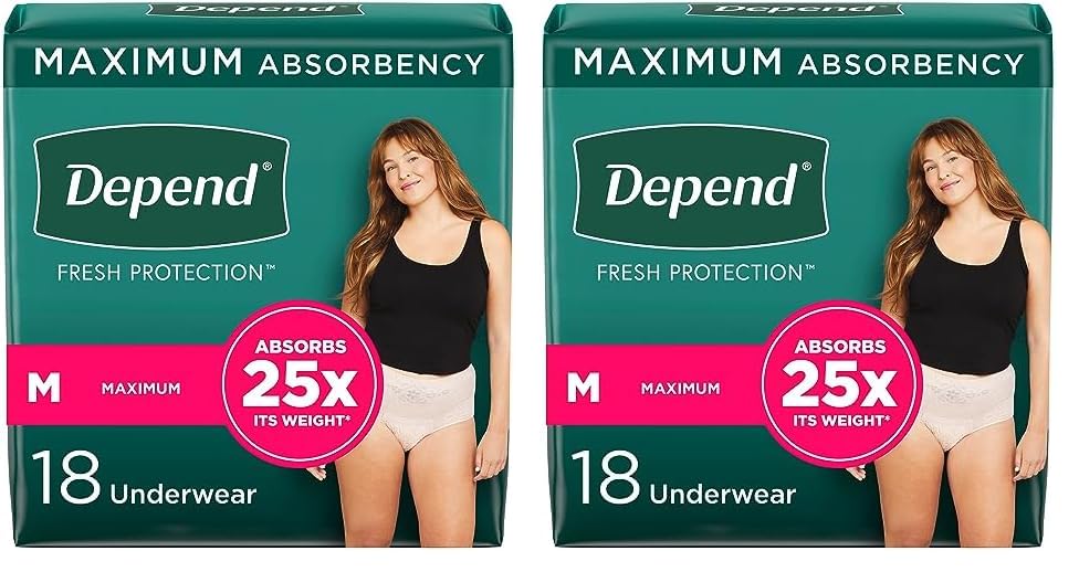 Depend FIT-Flex Incontinence Underwear for Women Medium Maximum Absorbency Blush 18 Count Pack of 2