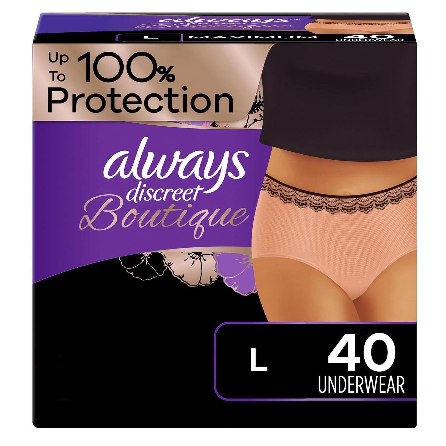 Always Discreet Boutique Incontinence Underwear, Maximum Absorbency, L (40 Ct) for Women with Active Lifestyle During Da