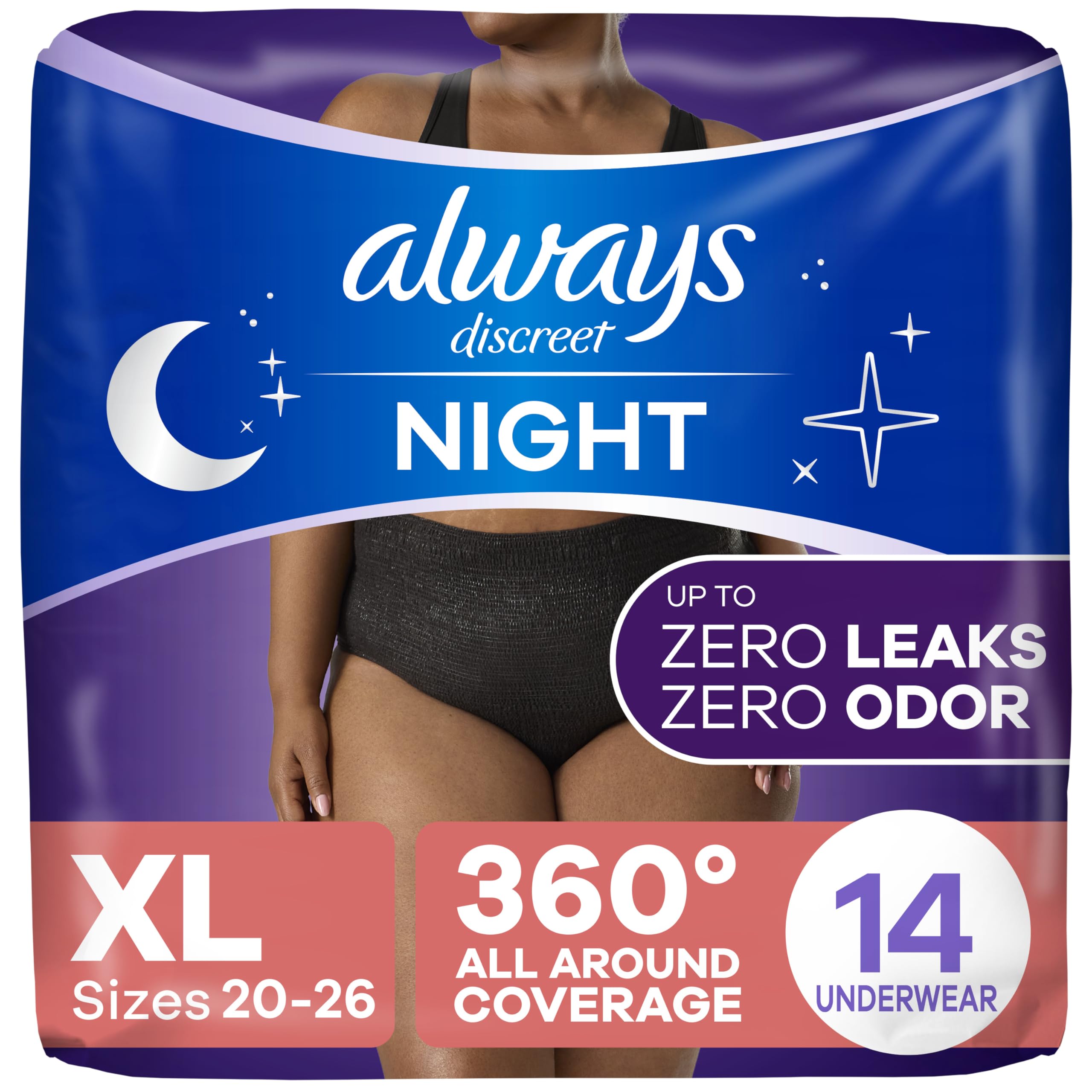 Always Discreet Overnight Incontinence Underwear for Women: XL, 14 Count, Nighttime Leak Protection, Postpartum Care