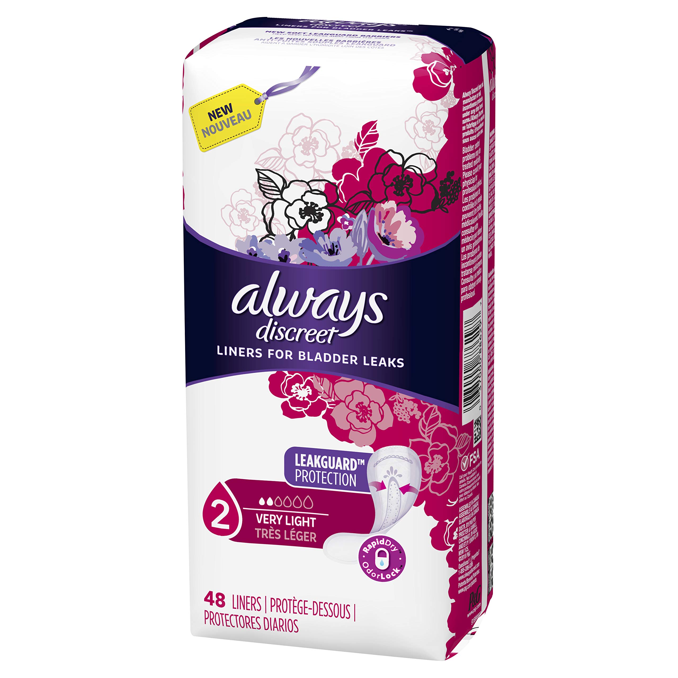 Always Discreet Incontinence Liners - Very Light Absorbency, Regular Length, 48 Count for Light Users  
Always Discreet