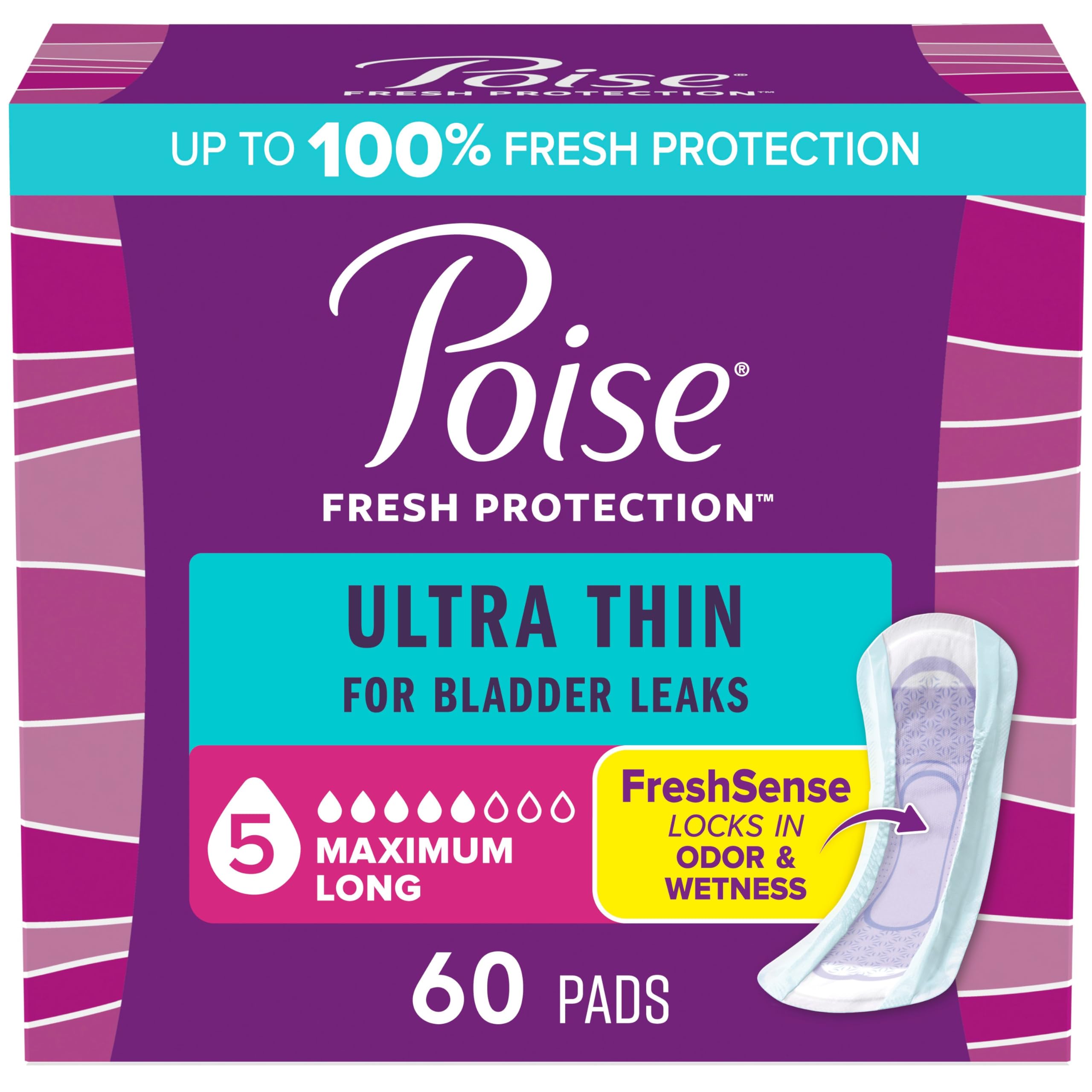 Poise Ultra Thin Incontinence Pads for Women with Wings, 5 Drop Max Absorbency, Postpartum Recovery, 60 Count