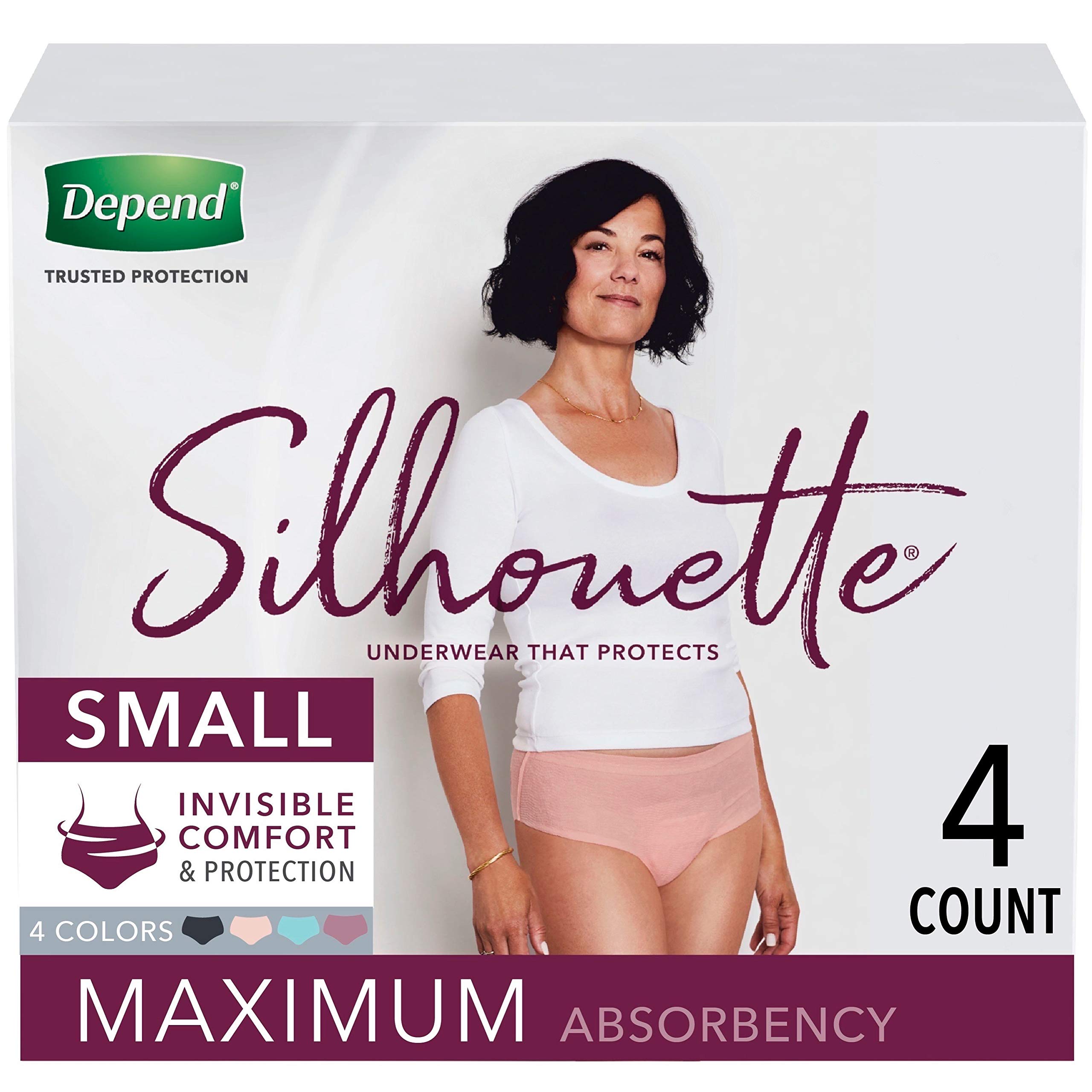 Depend Silhouette Women's Incontinence Underwear, Maximum Absorbency, Small Size, Pink/Black/Teal/Berry, 4 Count
Depend