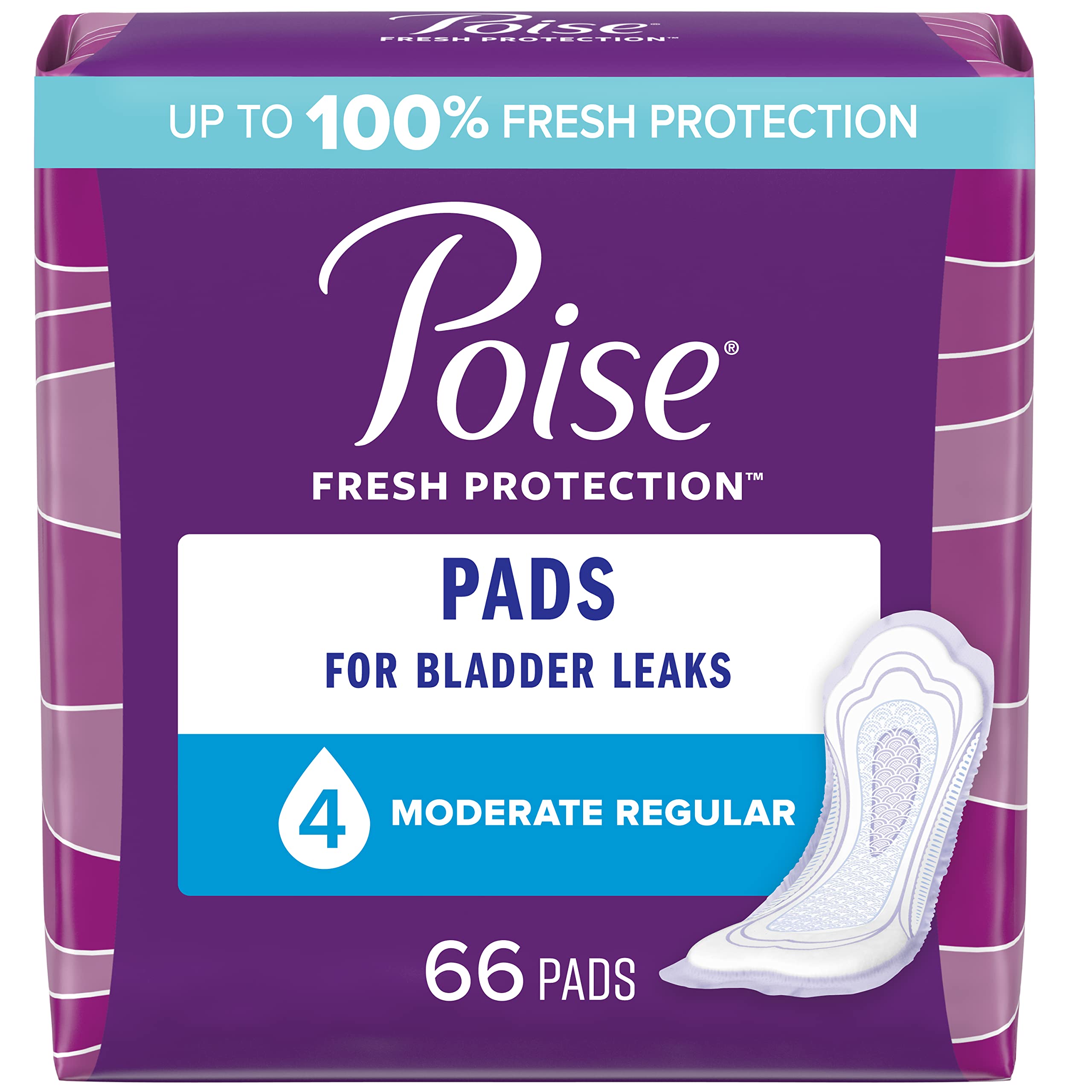 Poise Incontinence Pads for Postpartum & Elder Care, 4 Drop Moderate Absorbency, Regular Length, 66 Count, Perfect for D