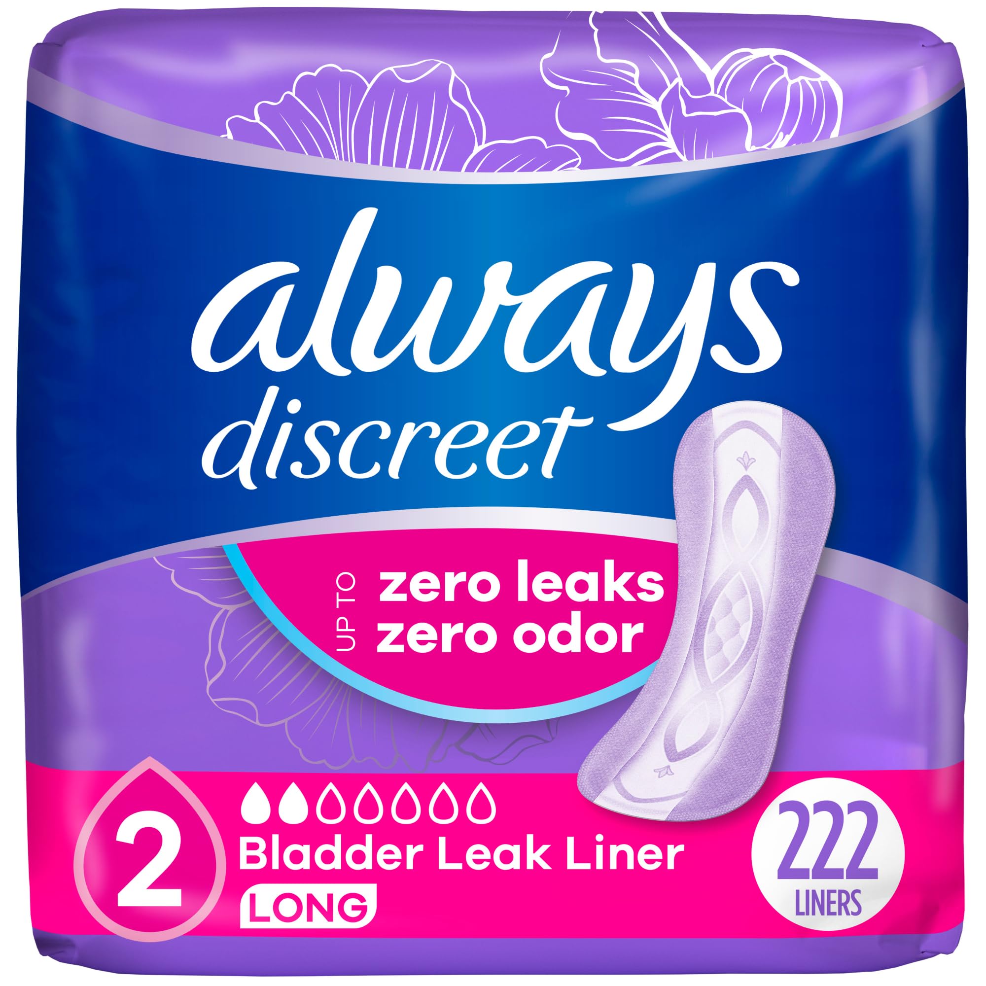 Always Discreet Women Incontinence Panty Liners, Size 2, Very Light Absorbency, Long Length, 111 CT x 2 Packs (222 Total